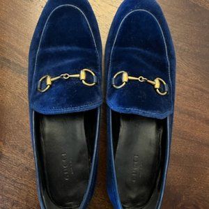 GUCCI Blue Velvet Horsebit Womens Jordaan Loafers with Dust Bags and Box